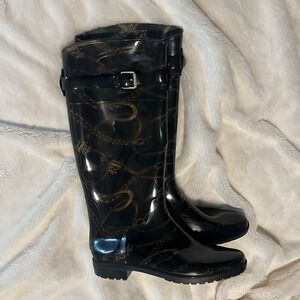 Lauren Ralph Lauren Rosalyn II Knee High Rain Boots Black Gold Rope Chain Sz 10